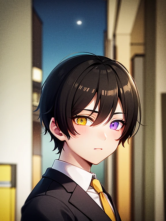 (masterpiece), best quality, high quality, dynamic light, 1boy, upper body, solo, school uniform, (blue tie), (heterochromia), (blue left eye, yellow right eye:1.1), shocked face, (glowing yellow eye), (hairstyle: straight), black hair, middle hair, (hair covers the eye:1.2), night sky, dark alley, horror, from side, side view