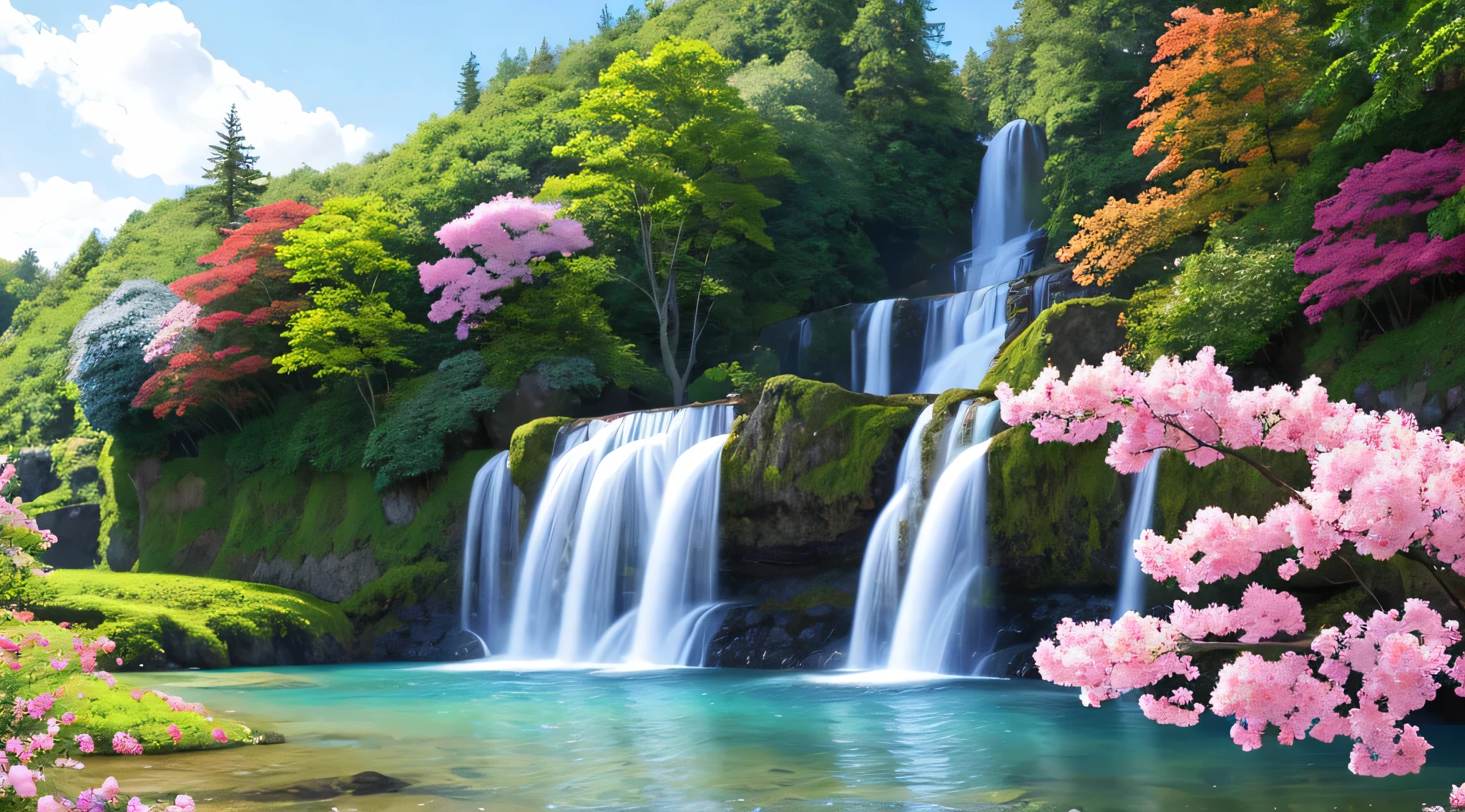 a painting of a waterfall with colorful flowers and green leaves, flowers and waterfalls, peaceful beautiful waterfall, beautiful wallpaper, beautiful stunning waterfall, very beautiful photo, amazing wallpaper, beautiful waterfall, waterfall background, pink waterfalls, hd wallpaper, beatiful backgrounds, waterfall(beautiful, nature wallpaper, stunning waterfall, amazing background, anime nature wallpap, beautiful nature, with trees and waterfalls