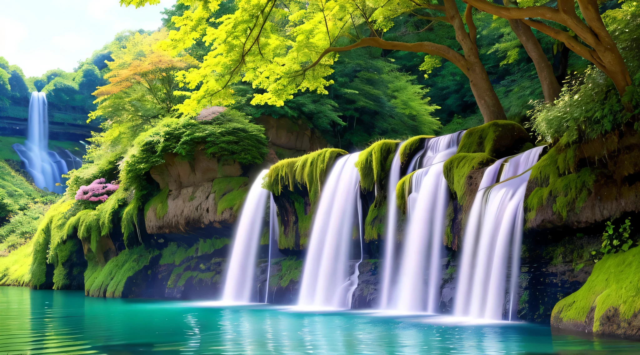 a painting of a waterfall with colorful flowers and green leaves, flowers and waterfalls, peaceful beautiful waterfall, beautiful wallpaper, beautiful stunning waterfall, very beautiful photo, amazing wallpaper, beautiful waterfall, waterfall background, pink waterfalls, hd wallpaper, beatiful backgrounds, waterfall(beautiful, nature wallpaper, stunning waterfall, amazing background, anime nature wallpap, beautiful nature, with trees and waterfalls