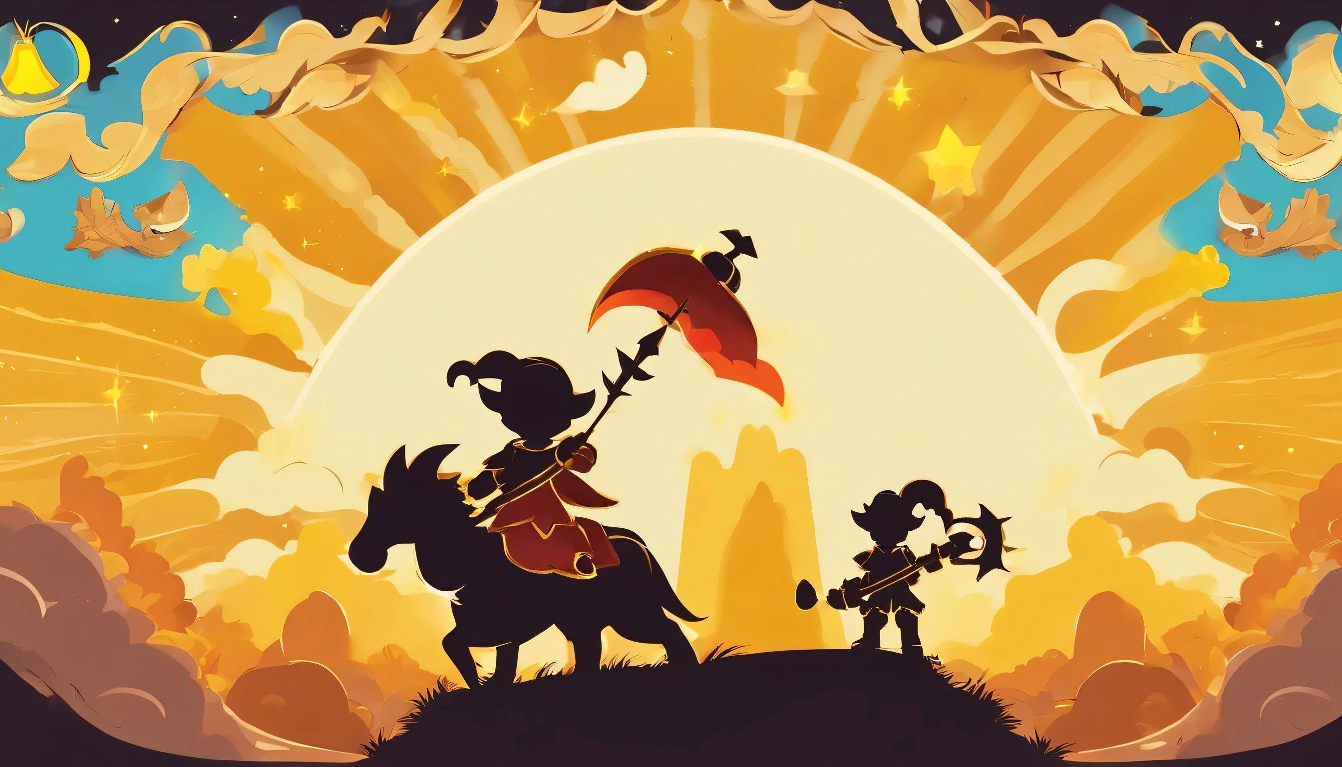 silhouette of two warriors, lots of gold around them, facing the sun, medieval, a dragon in the sky