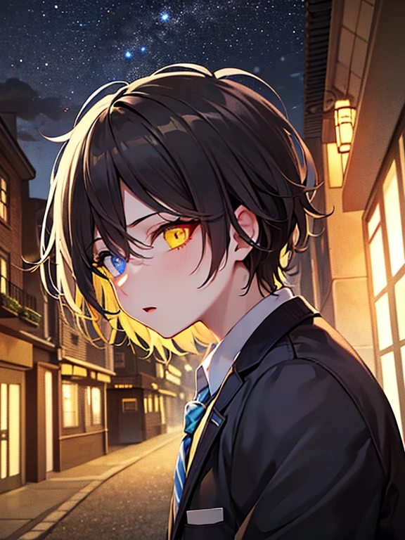(masterpiece), best quality, high quality, dynamic light, 1boy, upper body, solo, school uniform, (blue tie), (heterochromia), (blue left eye, yellow right eye:1.1), shocked face, (glowing yellow eye), (hairstyle: straight), black hair, middle hair, (hair covers the eye:1.2), night sky, dark alley, horror, from side, side view