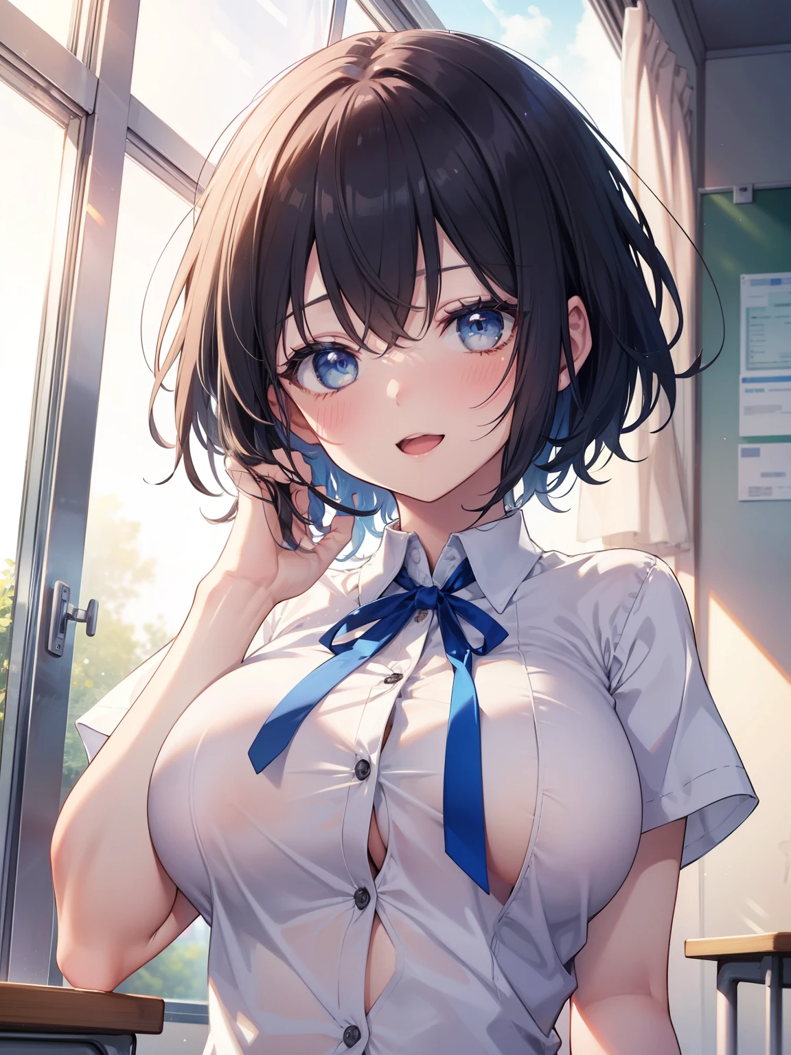 (muste piece, best quality, High resolution, ticker, perfect pixel, Depth of bounds written, In 4K),
1 girl, solo, Lori, beautiful anime girl,
Looking at Viewer,
perfect body,
full face blush,
POV handjob, pussy focus, upper body,
ticker, short hair, black hair, eyes are blue, (big boobs:1.2),
white shirt, blue ribbon, short sleeve,
smile, open mouth,
classroom, Beige curtains, wind,
from below,