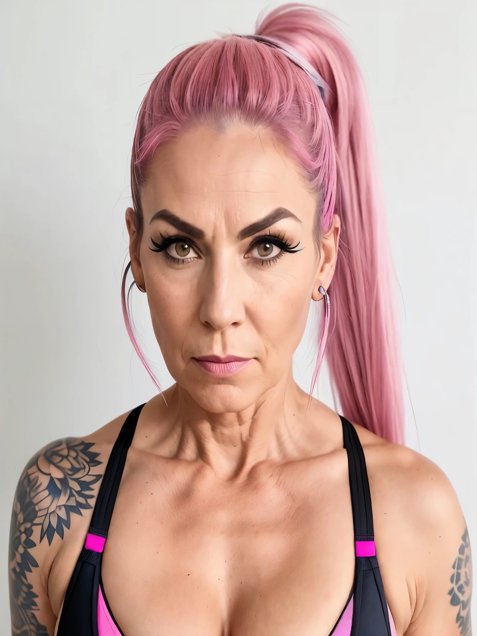 Arafed woman with pink hair and piercings poses for a photo, intimidating woman, Falten und Muskeln, taken in the early 2020s, Profilbild, 40 Jahre alte Frauen, Portrait of a robust woman, Magdalena more often, inspired by Louisa Matthíasdóttir, Foto von hinten, Upper body and face