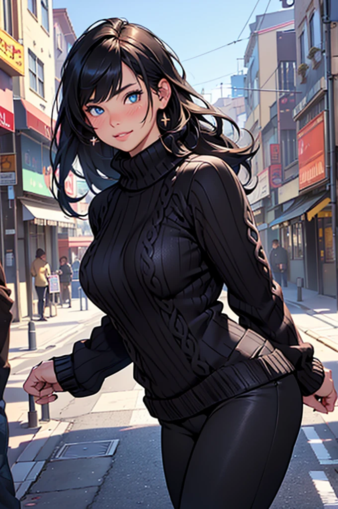 (Masterpiece, Best quality:1.4), (modern times),  1girll, Solo, angle of view, sfv, Stunning girlfriend, (standing:1.1), Dynamic pose, (Black oversized sweater, knitted sweater:1.4), （Tight Yoga Pants，dark grey yoga pants：1.4），long Brond Hair，By bangs，round shaped face，Elegant face，beauitful face，High detail face，Highly detailed skin，skin pore，sub surface scattering，（Blue eye details），realistic pupil，crisp breasts，A loving smile，looking at viewert，full blush，'s plump lips，at centre，the city street，Sunnyday, ventania, detailed back ground, depth of fields, atmosphric perspective, Volumetriclighting, Clear focus, absurd res, Realistic proportions, Good anatomy, (realisticlying, Hyper-realistic:1.4), 16K HD,