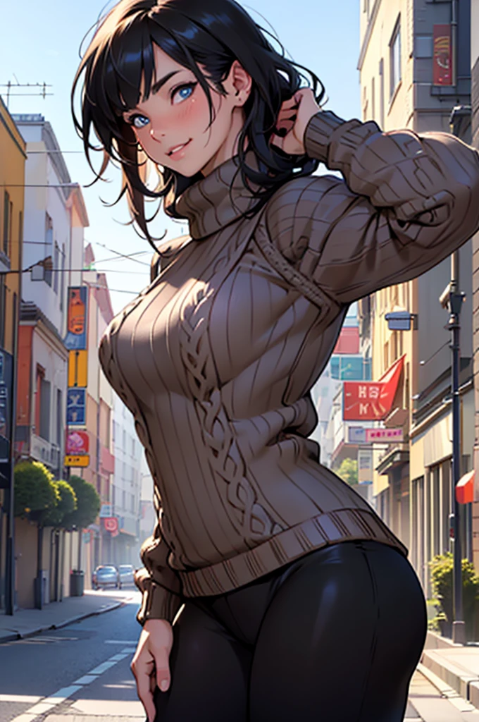 (Masterpiece, Best quality:1.4), (modern times), 1girll, Solo, angle of view, sfv, Stunning girlfriend, (standing:1.1), Dynamic pose, (Black oversized sweater, knitted sweater:1.4), (Tight Yoga Pants,dark grey yoga pants:1.4),long Brond Hair,By bangs,round shaped face,Elegant face,beauitful face,High detail face,Highly detailed skin,skin pore,sub surface scattering,(Blue eye details),realistic pupil,crisp breasts,A loving smile,looking at viewert,full blush,'s plump lips,at centre,the city street,Sunnyday, ventania, detailed back ground, depth of fields, atmosphric perspective, Volumetriclighting, Clear focus, absurd res, Realistic proportions, Good anatomy, (realisticlying, Hyper-realistic:1.4), 16K HD,