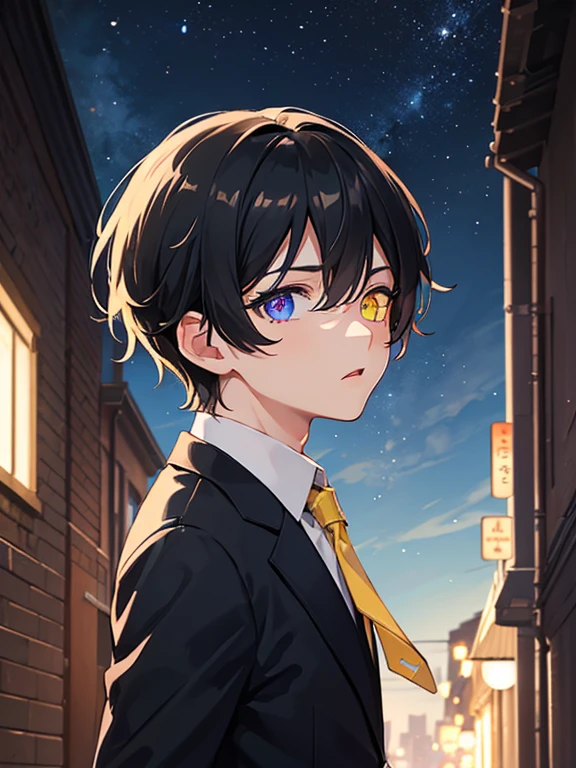 (masterpiece), best quality, high quality, dynamic light, 1boy, upper body, solo, school uniform, (blue tie), (heterochromia), (blue left eye, yellow right eye:1.1), shocked face, (glowing yellow eye), (hairstyle: straight), black hair, middle hair, (hair covers the eye:1.2), night sky, dark alley, horror, from side, side view