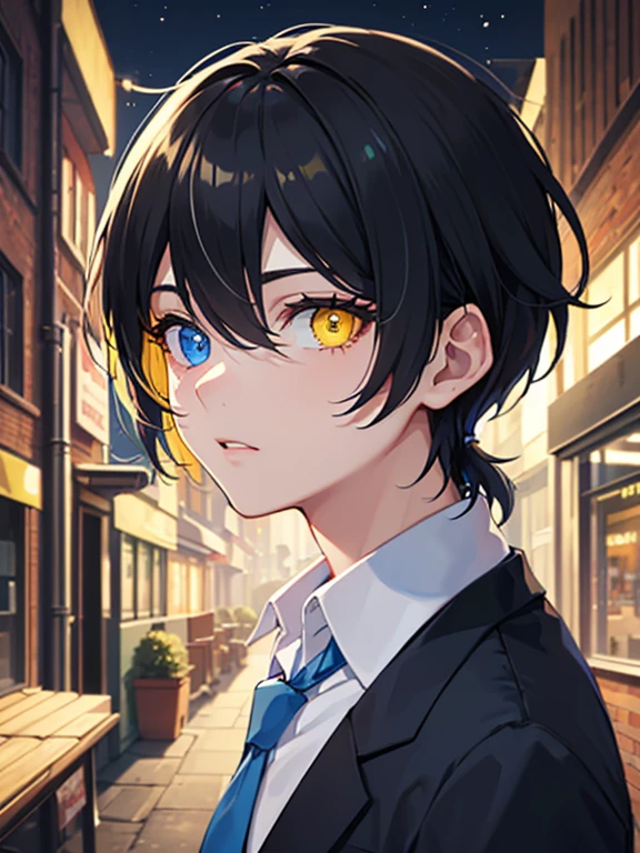 (masterpiece), best quality, high quality, dynamic light, 1boy, upper body, solo, school uniform, (blue tie), (heterochromia), (blue left eye, yellow right eye:1.1), shocked face, (glowing yellow eye), (hairstyle: straight), black hair, middle hair, (hair covers the eye:1.2), night sky, dark alley, horror, from side, side view