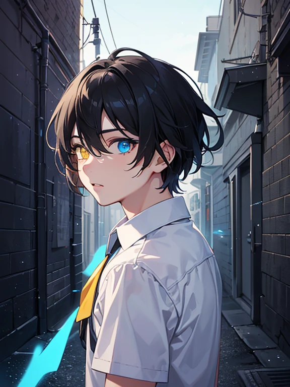 (masterpiece), best quality, high quality, dynamic light, 1boy, upper body, solo, school uniform, (blue tie), (heterochromia), (blue left eye, yellow right eye:1.1), shocked face, (glowing yellow eye), (hairstyle: straight), black hair, middle hair, (hair covers the eye:1.2), night sky, dark alley, horror, from side, side view