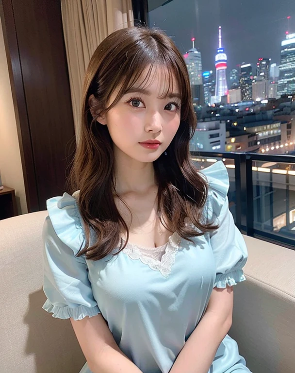 highest quality, ultra high resolution, (realistic), RAW photo,(degrees of freedom:1.5), (portrait),In the suite, Luxurious rooms, curtain, large sweeping window, Night view of a skyscraper
Sitted Sofa ,
1 japanese girl, alone, cute, Kawai Mile), (brown eyes, catch light:1.4), natural skin, (Midi wavy hair)
break
(Light blue nightgown)
