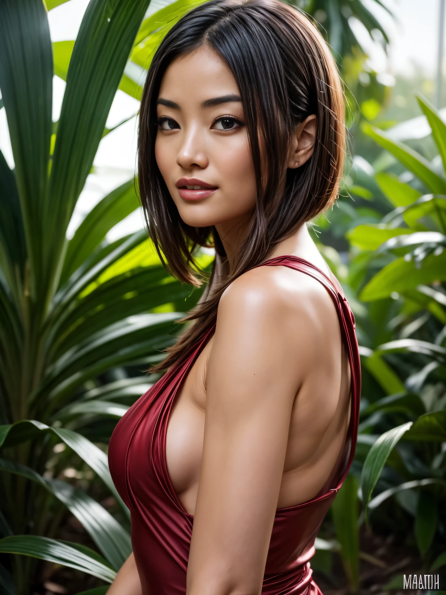 Foto hiperrealista en primer plano de asian woman, masterpiece, best quality, (photorealistic:1.4), full body, (gloss red evening dress1.2), cinematic light, beautiful asian woman, photo oh whole person, skinny, medium breasts, short hair (bob short hair:1.2), detailed face, smile, facing the camera, photo taken from a distance, summer, tropical, jungle, whimsical, intricate brush strokes, beautiful lighting, intricate details, Unreal Engine, creative, expressive, detailed, colorful, digital art, unique,