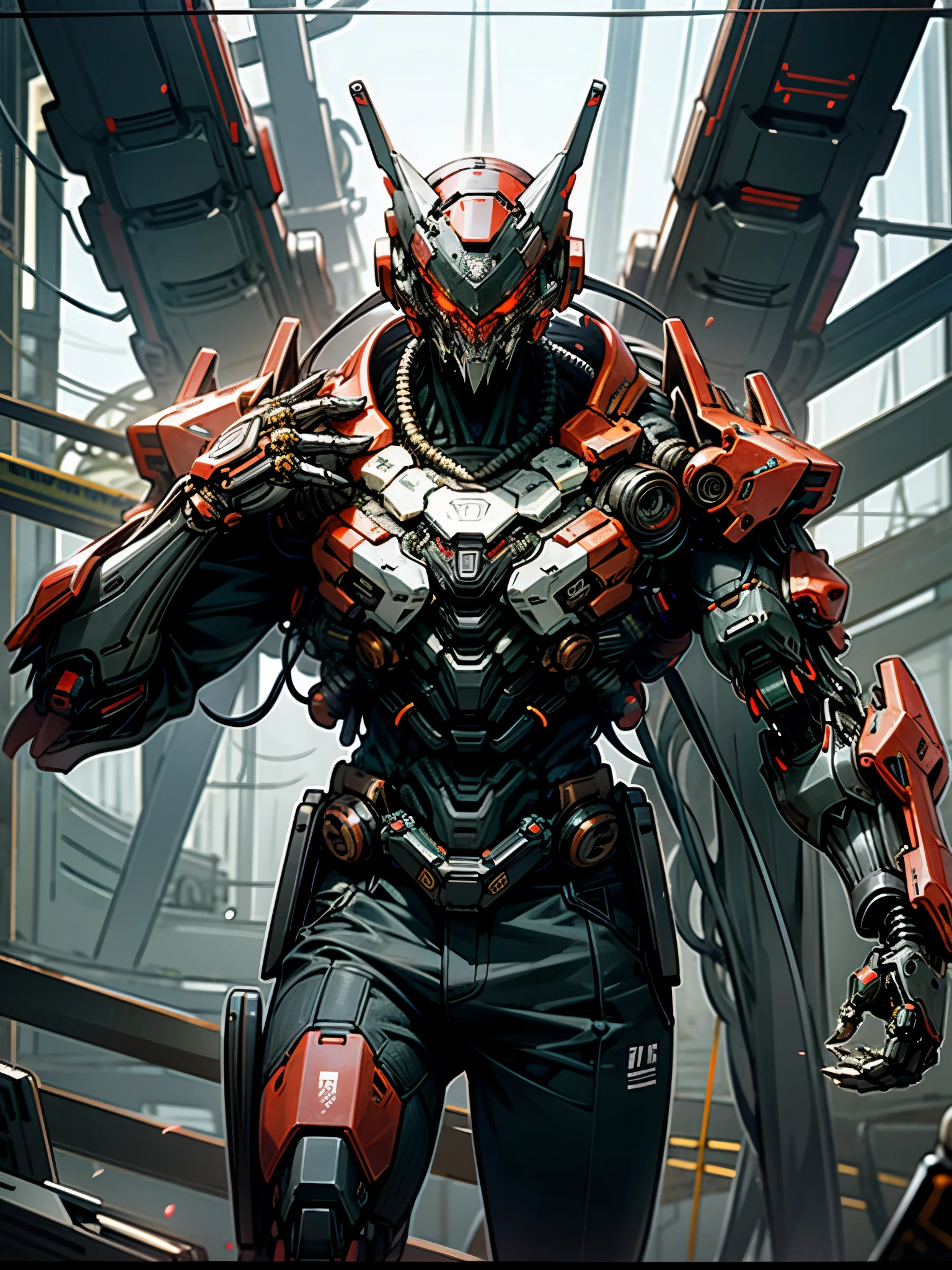 dark fantasy, cyberpunk, Mechanical Wonder, Chainsaw, Chainsaw Man, Red:1.1, cybernetic guardians, Robotic presence, 1 person