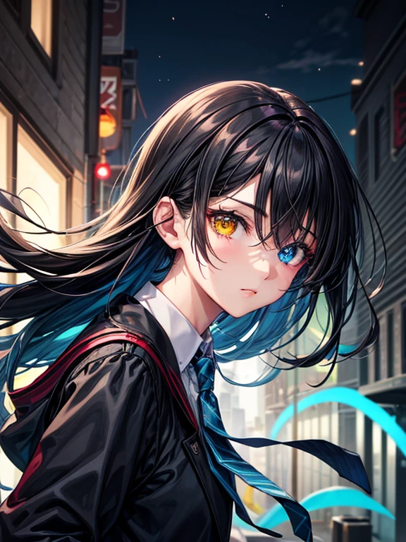 (masterpiece), best quality, high quality, dynamic light, 1boy, upper body, solo, school uniform, (blue tie), (heterochromia), (blue left eye, yellow right eye:1.1), shocked face, (glowing yellow eye), (hairstyle: straight), black hair, middle hair, (hair covers the eye:1.2), night sky, dark alley, horror, from side, side view