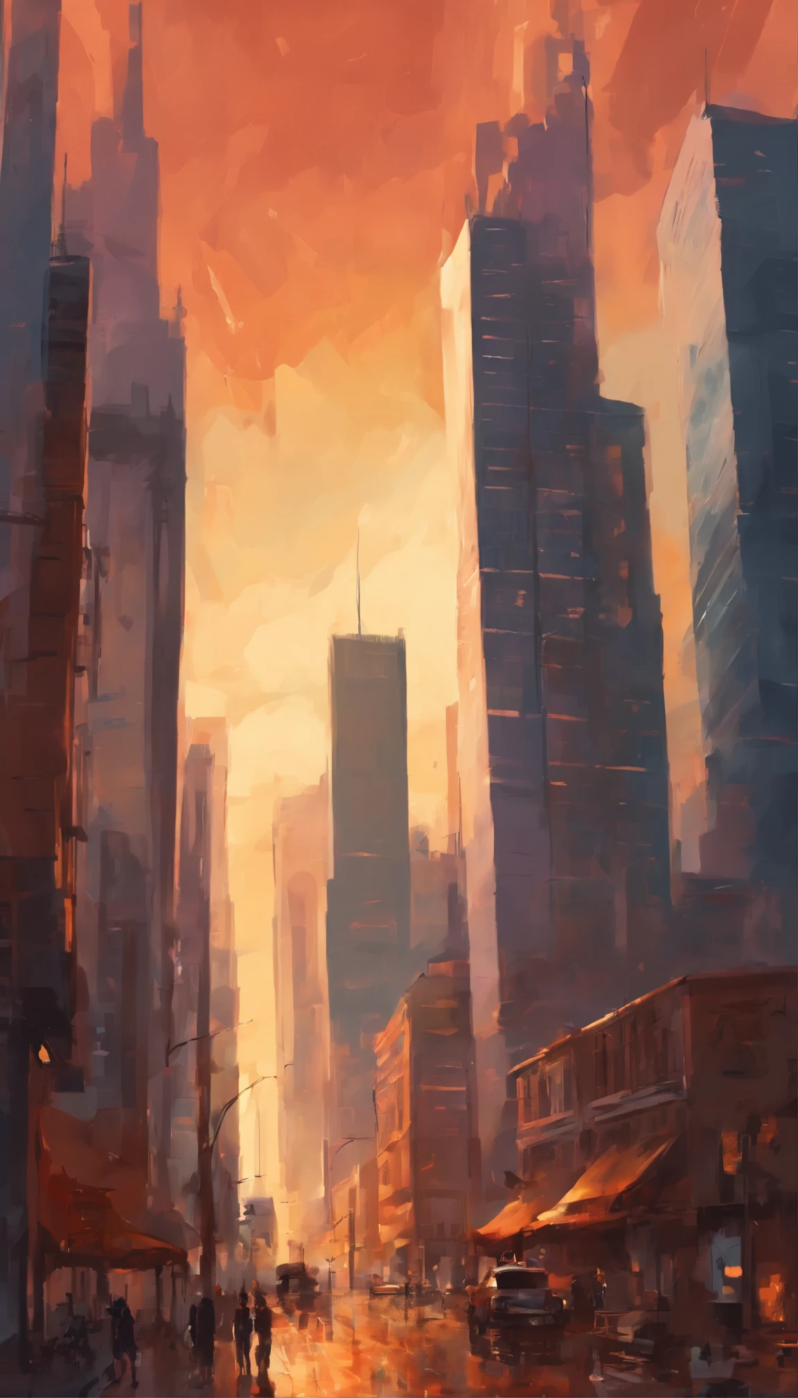 Generate an oil painting portraying a cityscape at dawn, with towering skyscrapers casting long, dramatic shadows against a warm and hazy sky.