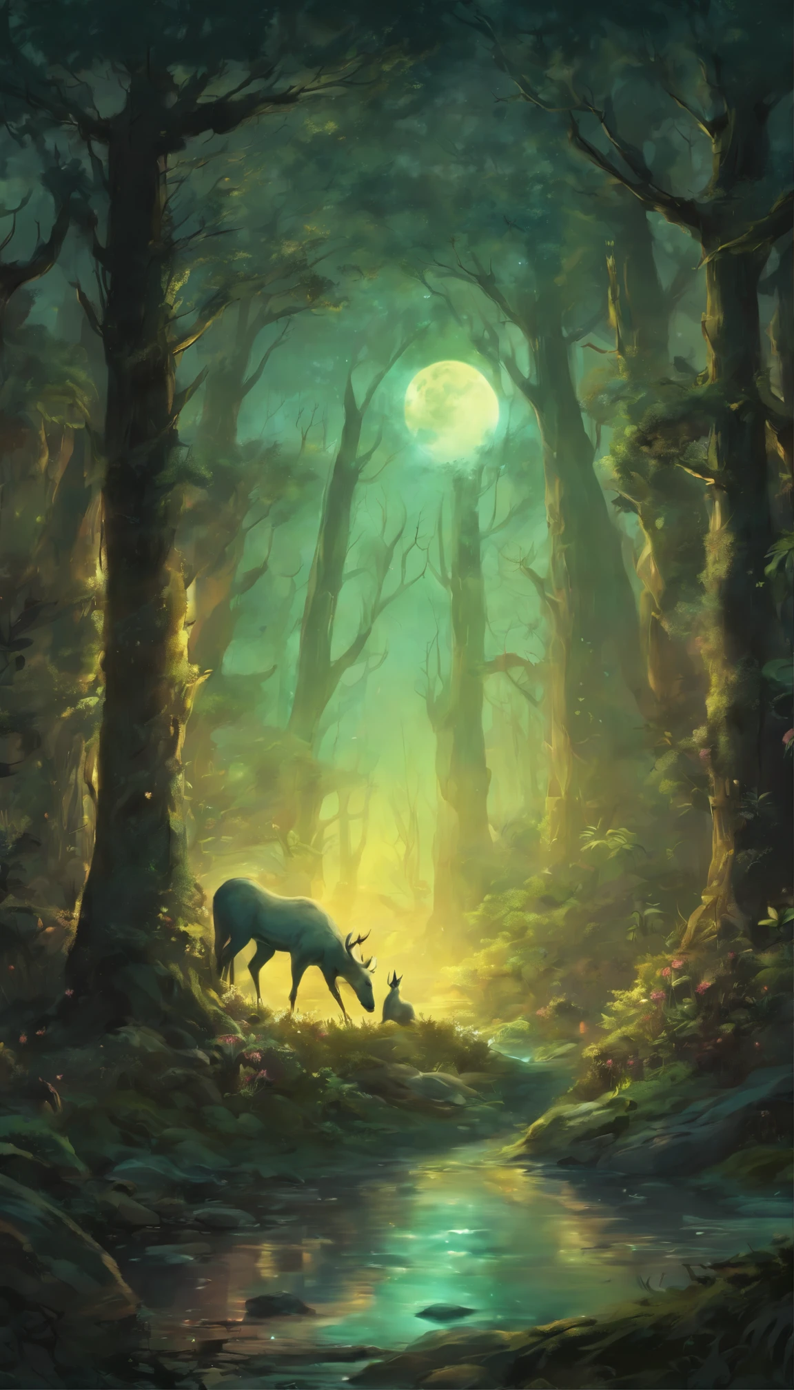 Generate an oil painting of a mystical forest where enchanted animals and glowing flora harmoniously interact under the soft glow of a magical moon