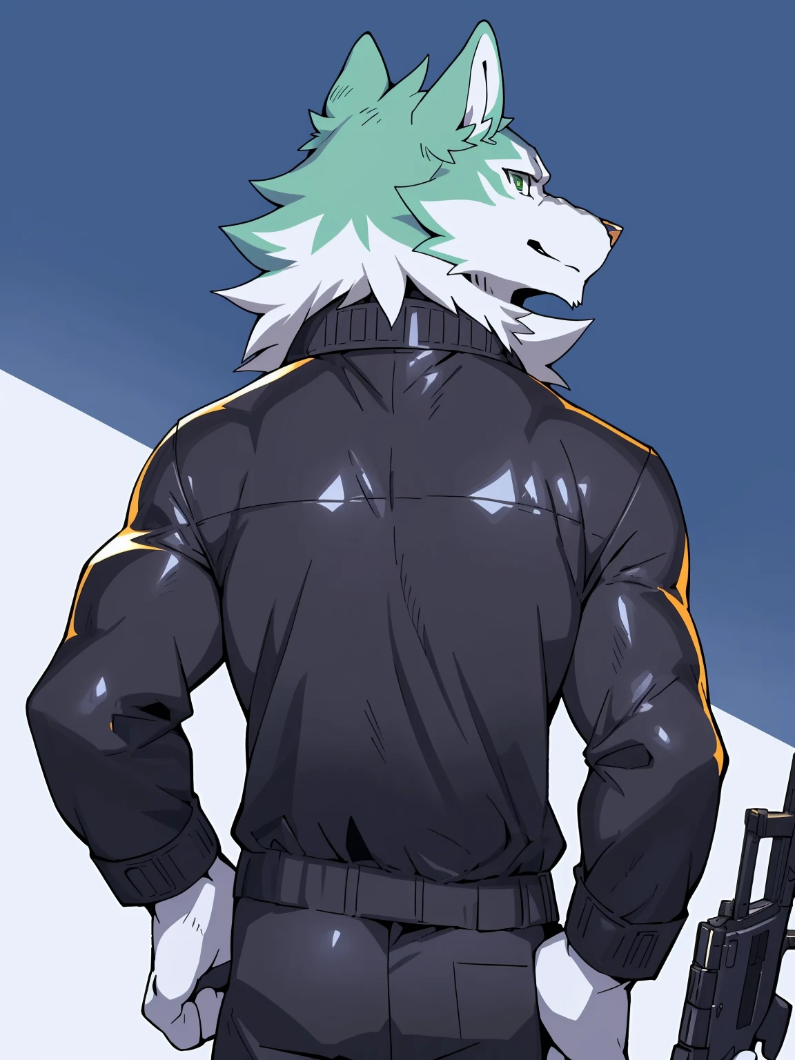 back view, shirou, brand new animal, studio trigger, shirou ogami, canid, canine, canis, mammal, wolf, abs, anthro, black bottomwear, black clothing, black jacket, black pants, black topwear, bottomwear, clothed, clothing, countershading, fur, green body, green eyes, green fur, gun, jacket, kemono, looking at viewer, smile, male, muscular, muscular anthro, muscular male, open clothing, open jacket, open topwear, pants, ranged weapon, simple background, solo, topwear, weapon, white background, white body, white countershading, by dr.kiyo, by takemoto arashi, by null-ghost, by canyne khai, masterpiece, best quality, anime, anime style, digital flat colors, sharp shadows, shaded, male focus, extreme detailed illustration, good anatomy, detailed RPG CG,