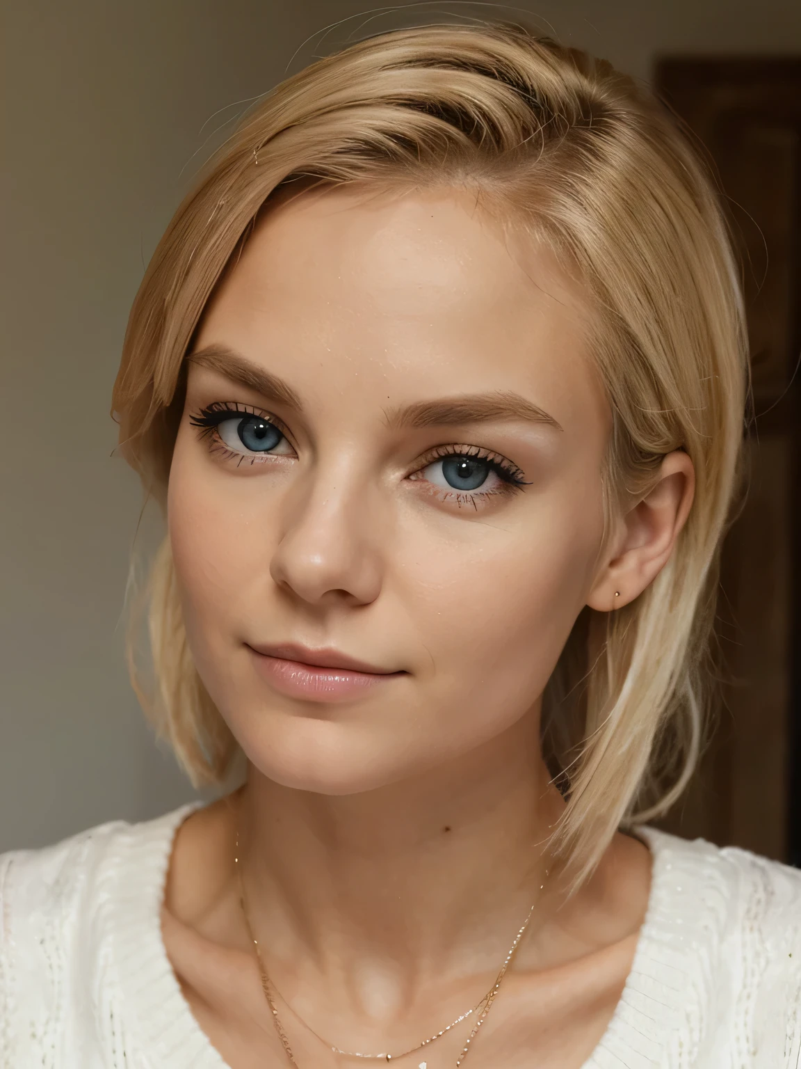 Fille slave de 26 ans, cheveux blond, petite, hacher, cheveux droit long, bas, regarde attentivement droit dans les yeux, visage uniquement, photo realistic, Avec pull