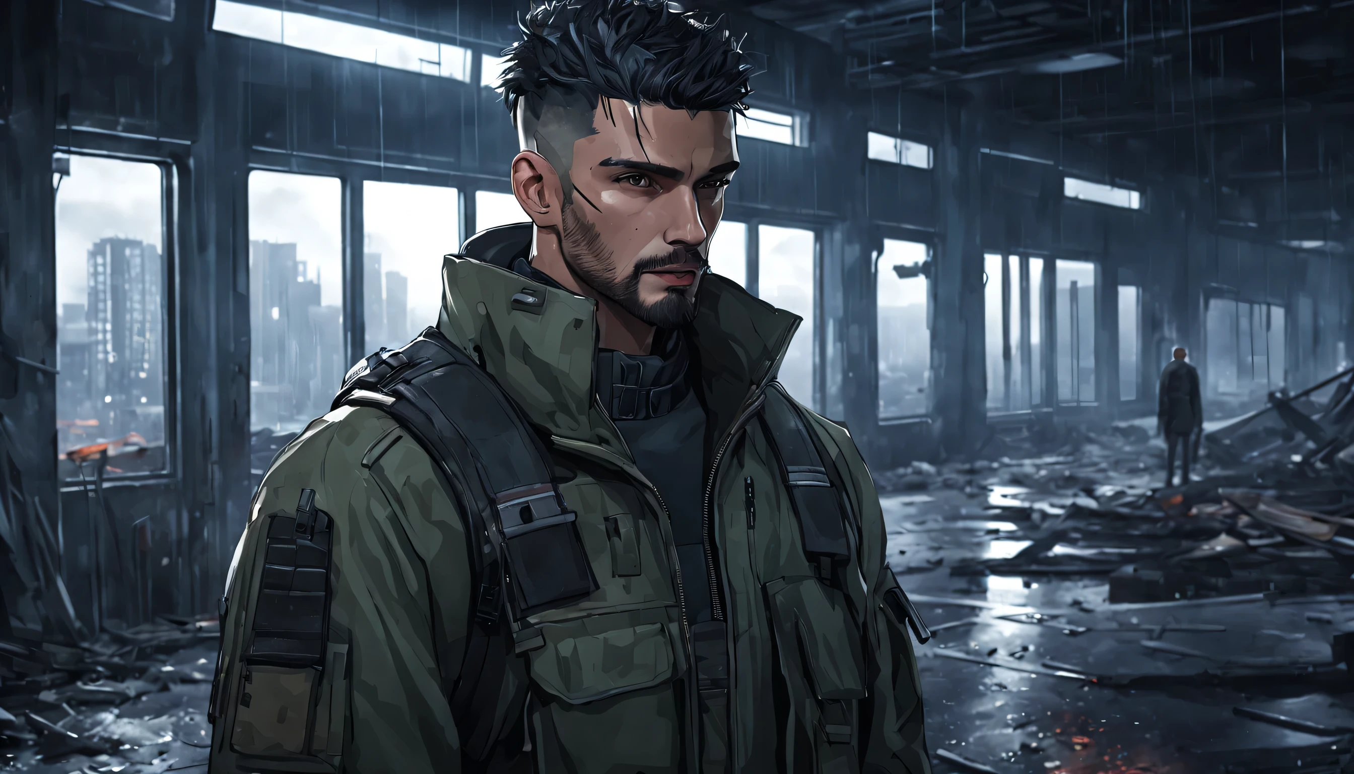 portrait of a (realistic) mysterious student is named (Antonio)) strong, military type man, ((masculine)), wears baggy clothes, has a small beard, ((thick neck)), big, buzz cut hair, many scars on face, in an abandoned area, behind the windows is a very dark abandoned futuristic city, rainy night