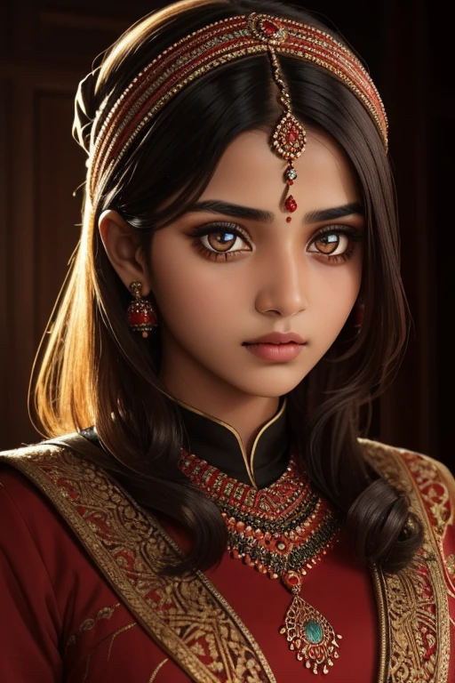 Close-up of a Kashmiri girl's eyes ablaze with an intense and burning gaze, ember-like iridescence reflecting her fiery spirit, surrounded by the traditional vibrant attire, intricate patterns enhancing the portrait, shallow depth of field focusing solely on her captivating eyes, highly detailed, ultra realistic.