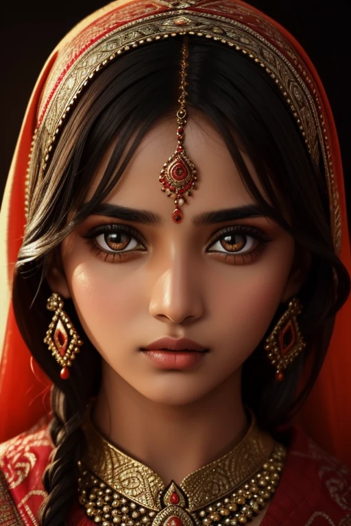 Close-up of a Kashmiri girl's eyes ablaze with an intense and burning gaze, ember-like iridescence reflecting her fiery spirit, surrounded by the traditional vibrant attire, intricate patterns enhancing the portrait, shallow depth of field focusing solely on her captivating eyes, highly detailed, ultra realistic.