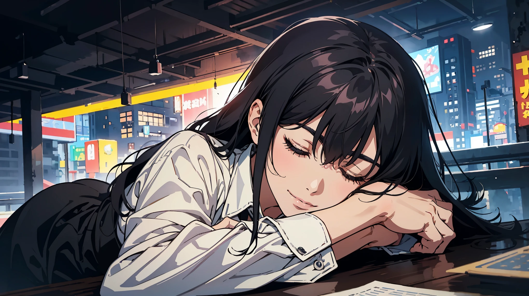 beautiful face, Black long hair, Pretty Girl ,white long sleeve dress shirt, animated movie, 1 girl sleeping, slightly smile, Shinkai Makoto, Close your eyes completely, city, 1 woman,