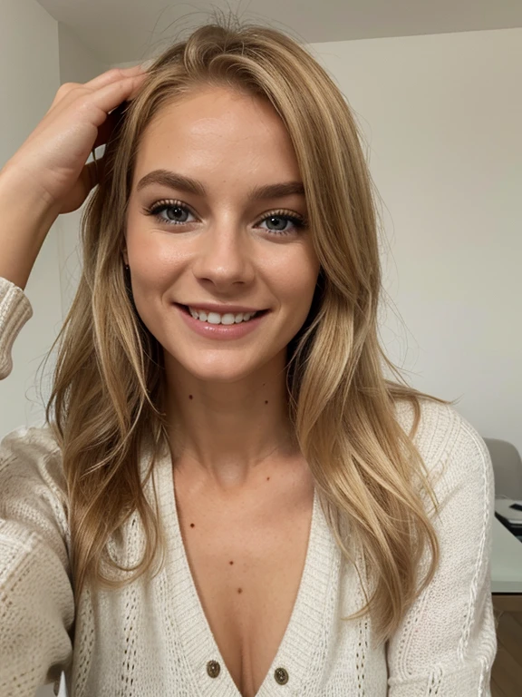 Fille slave de 26 ans, cheveux blond, petite, grand sourire, mince, cheveux droit long, bas, look closely straight into the eyes, Visage uniquement, photo realistic, Avec pull