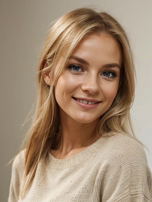 Fille slave de 26 ans, cheveux blond, petite, grand sourire, mince, cheveux droit long, bas, look closely straight into the eyes, Visage uniquement, photo realistic, Avec pull