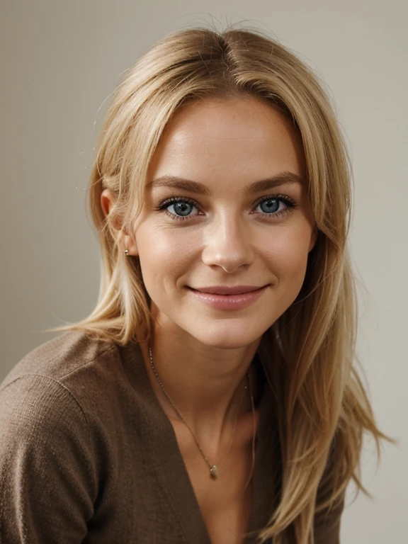 Fille slave de 26 ans, cheveux blond, petite, grand sourire, mince, cheveux droit long, bas, look closely straight into the eyes, Visage uniquement, photo realistic, Avec pull