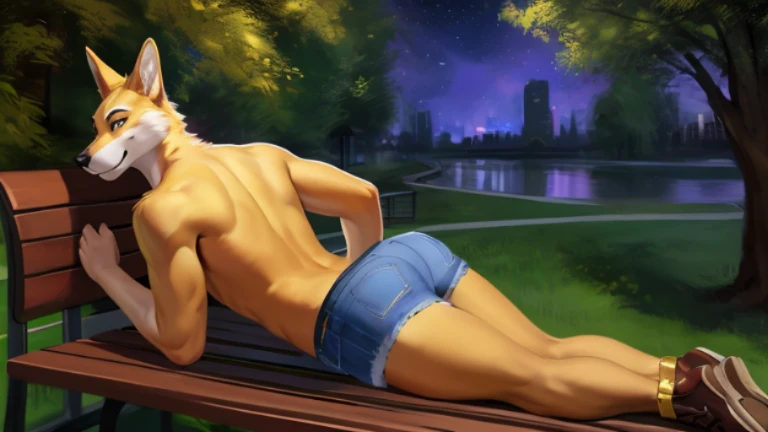 Solo, male, yellow dingo, wearing masquerade mask, naked, denim shorts pants, brown shoes, smirking, presenting his butt, siting on a bench, at a public park, night, by chunie 