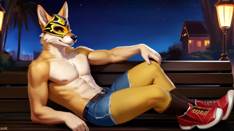 Solo, male, yellow dingo, wearing masquerade mask, naked, denim shorts pants, brown shoes, smirking, presenting his butt, siting on a bench, at a public park, night, by chunie