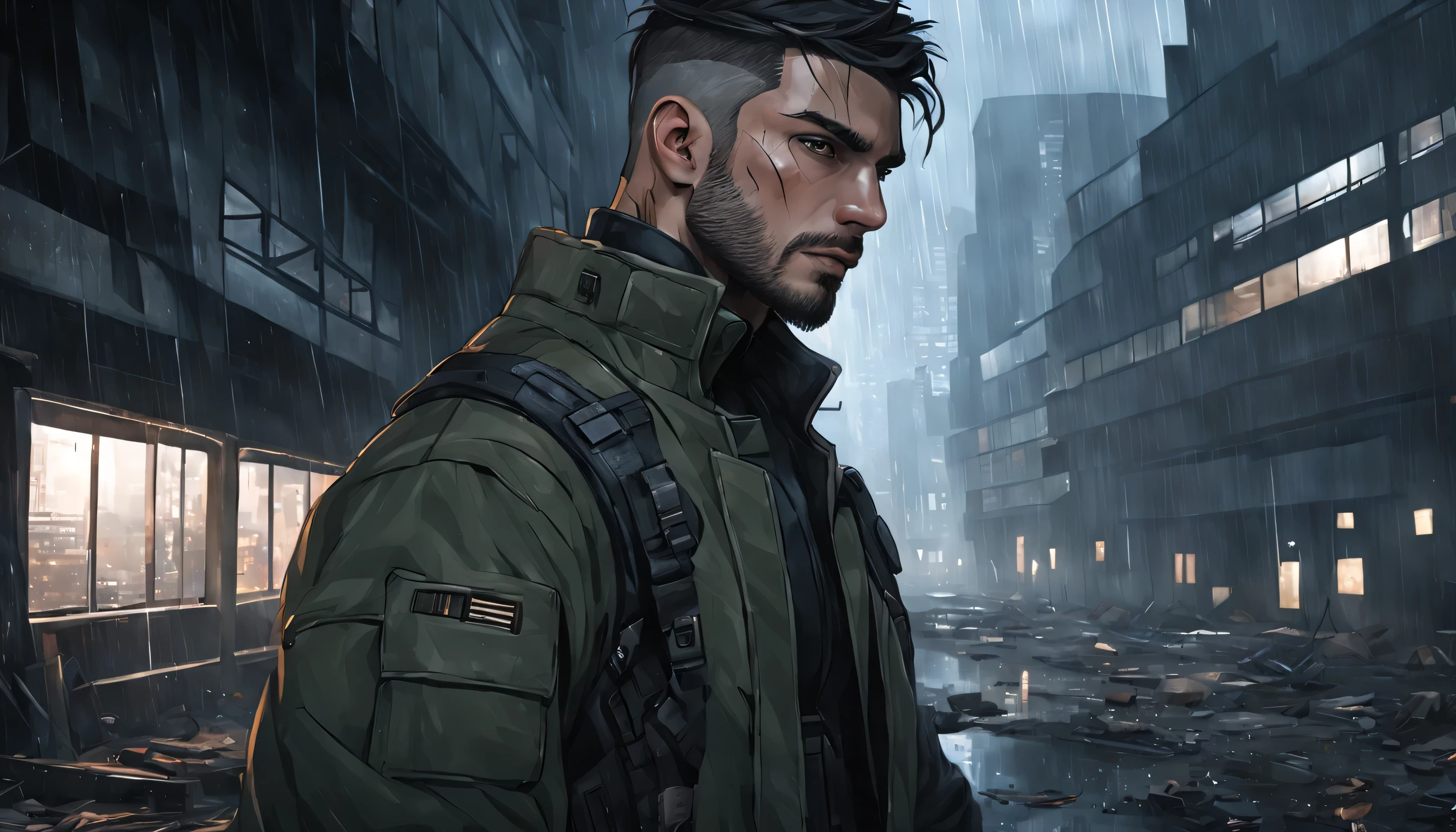 portrait of a (realistic) mysterious student is named (Antonio)) strong, military type man, ((masculine)), wears baggy clothes, has a small beard, ((thick neck)), big, buzz cut hair, many scars on face, in an abandoned area, behind the windows is a very dark abandoned futuristic city, rainy night