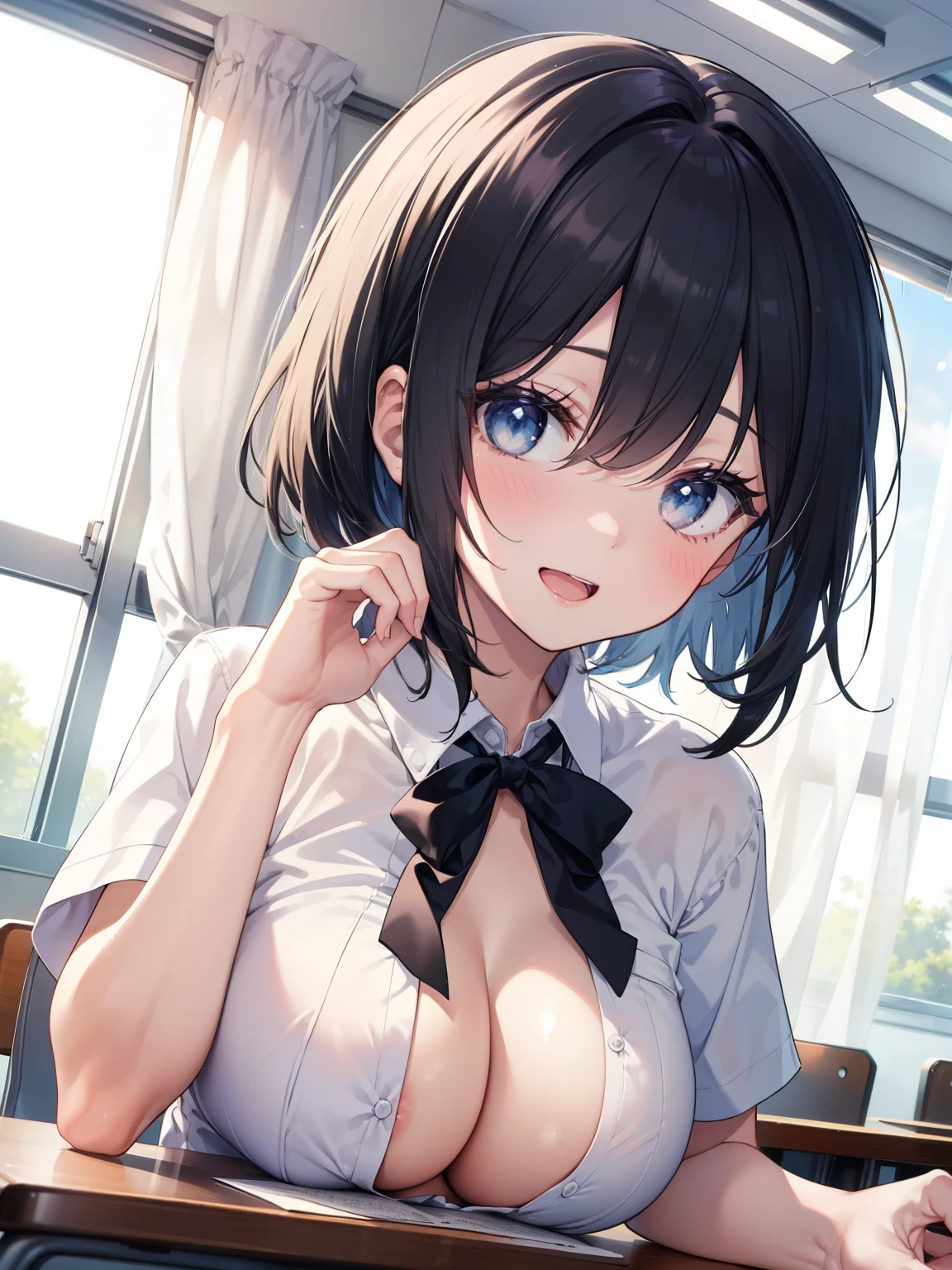 (muste piece, best quality, High resolution, ticker, perfect pixel, Depth of bounds written, In 4K), 
1 girl, solo, Lori, beautiful anime girl, 
Looking at Viewer, 
perfect body,  

full face blush, 

POV handjob, pussy focus, upper body, 

ticker, short hair, black hair, eyes are blue, (big boobs), 
white shirt, blue ribbon, short sleeve, 
open shirt, 
smile, open mouth, 
classroom, Beige curtains, wind,