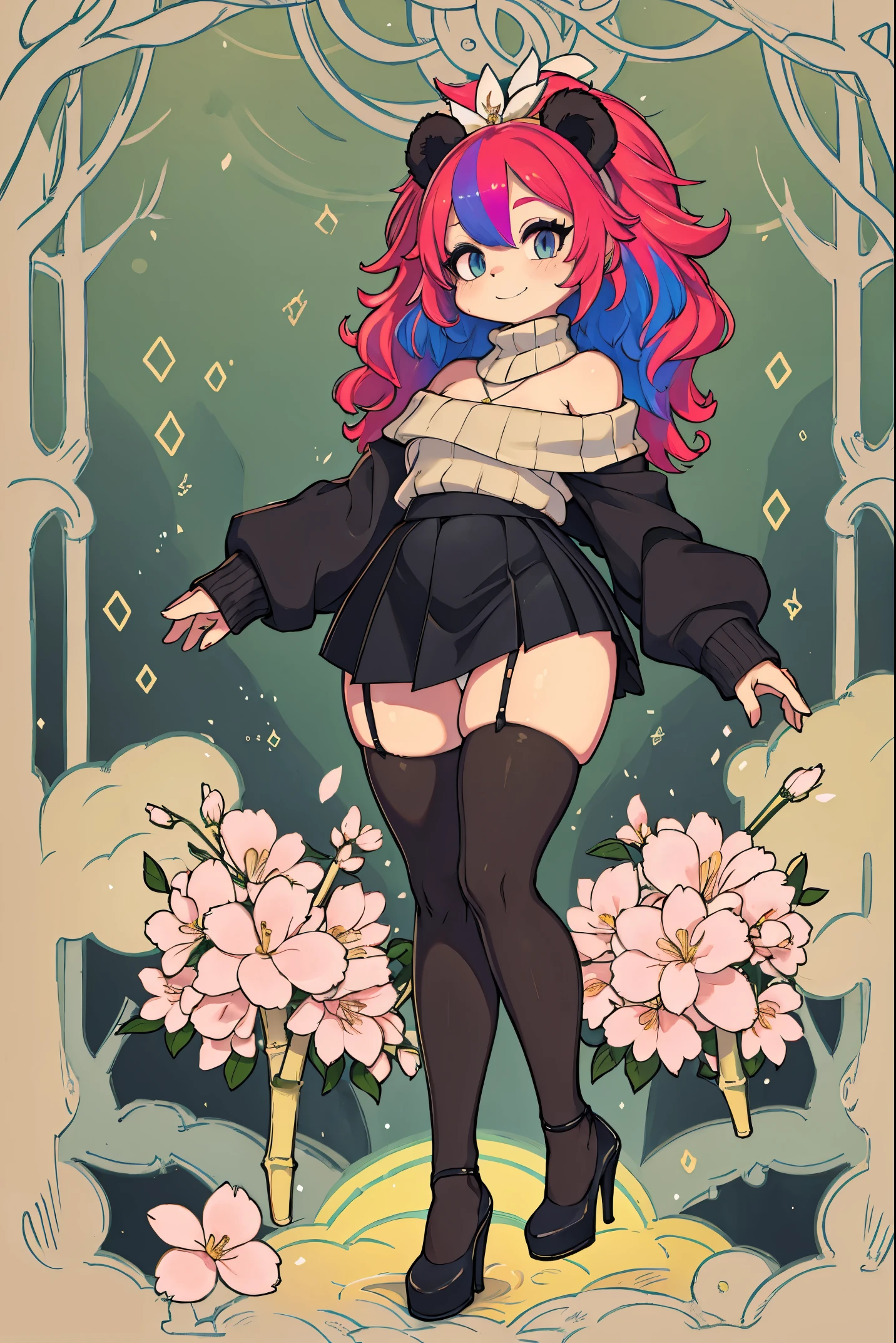 (masterpiece), best quality, detailed eyes, perfect face, 8k, panda girl, smile, ((rainbow hair), (curly hair)), ((human face)), [small breast:1.1], waist:1.3, 
BREAK, 
Knitted off-the-shoulder sweater, (satin mini skirt) and (opaque tights), combination of textures creates a cozy yet flirtatious outfit perfect for cooler weather, stiletto heels,
BREAK,
((Whimsical bamboo forest adorned with colorful blossoms)), where butterflies flutter around, creating a scene of pure fantasy and natural beauty,
