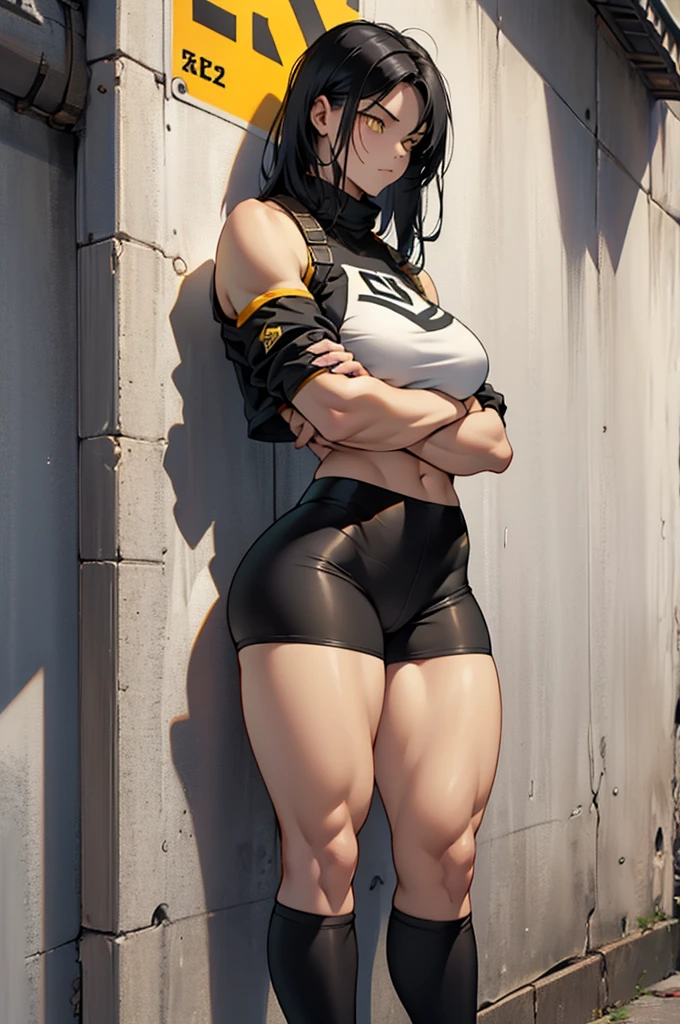 short legging 1girl muscular pale skin black hair yellow eyes black against wall sad sad sad sad tight short leggings white thick thick thick thick muscular muscular muscular muscular muscular girl dark dark, meias calça marrom, coxas sexy, belos olhos