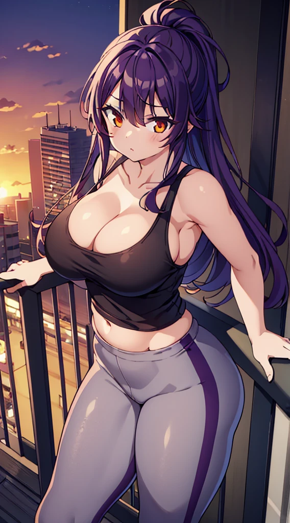 (masterpiece), high-definition, top view, girl, big boobs, cleavage, big hips, messy dark purple hair, orange eyes, grey tanktop, grey leggins, balcony, leaning on the railing, sunset