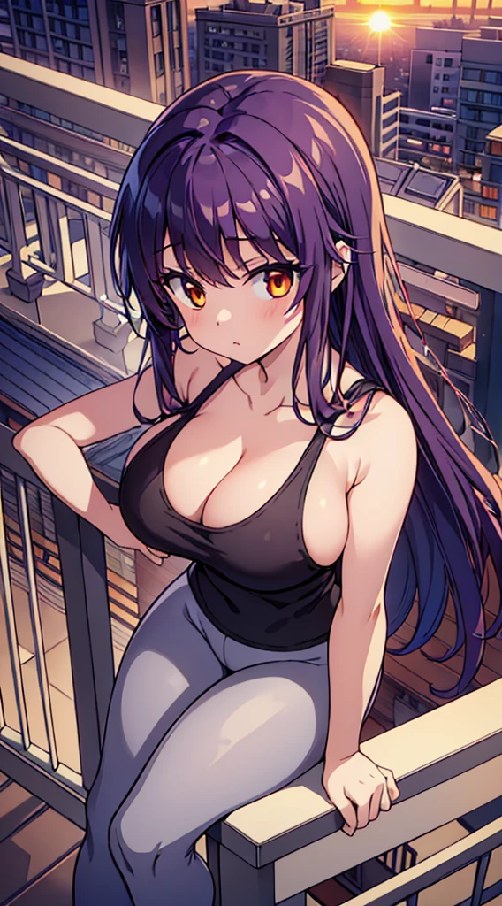(masterpiece), high-definition, top view, girl, big boobs, cleavage, big hips, messy dark purple hair, orange eyes, grey tanktop, grey leggins, balcony, leaning on the railing, sunset