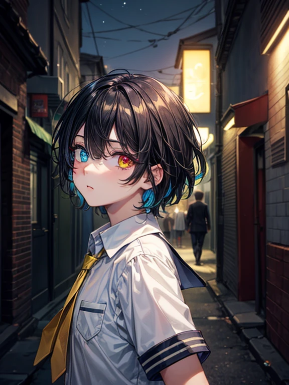 (masterpiece), best quality, high quality, dynamic light, 1boy, upper body, solo, school uniform, (blue tie), (heterochromia), (blue left eye, yellow right eye:1.1), shocked face, (glowing yellow eye), (hairstyle: straight), black hair, middle hair, (hair covers the eye:1.2), night sky, dark alley, horror, from side, side view