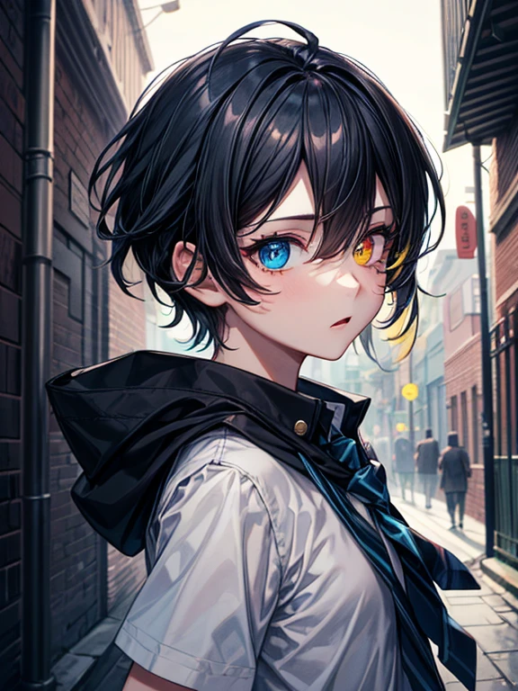 (masterpiece), best quality, high quality, dynamic light, 1boy, upper body, solo, school uniform, (blue tie), (heterochromia), (blue left eye, yellow right eye:1.1), shocked face, (glowing yellow eye), (hairstyle: straight), black hair, middle hair, (hair covers the eye:1.2), night sky, dark alley, horror, from side, side view