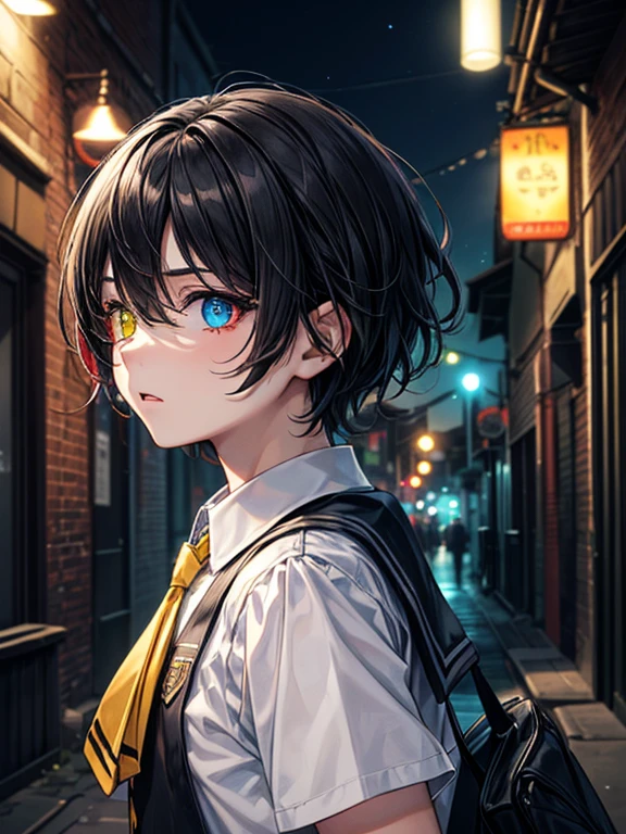 (masterpiece), best quality, high quality, dynamic light, 1boy, upper body, solo, school uniform, (blue tie), (heterochromia), (blue left eye, yellow right eye:1.1), shocked face, (glowing yellow eye), (hairstyle: straight), black hair, middle hair, (hair covers the eye:1.2), night sky, dark alley, horror, from side, side view