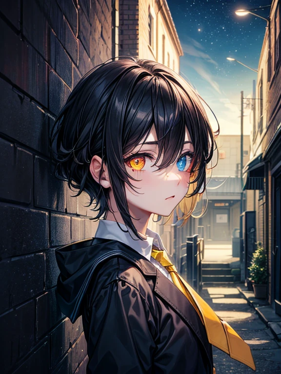 (masterpiece), best quality, high quality, dynamic light, 1boy, upper body, solo, school uniform, (blue tie), (heterochromia), (blue left eye, yellow right eye:1.1), shocked face, (glowing yellow eye), (hairstyle: straight), black hair, middle hair, (hair covers the eye:1.2), night sky, dark alley, horror, from side, side view