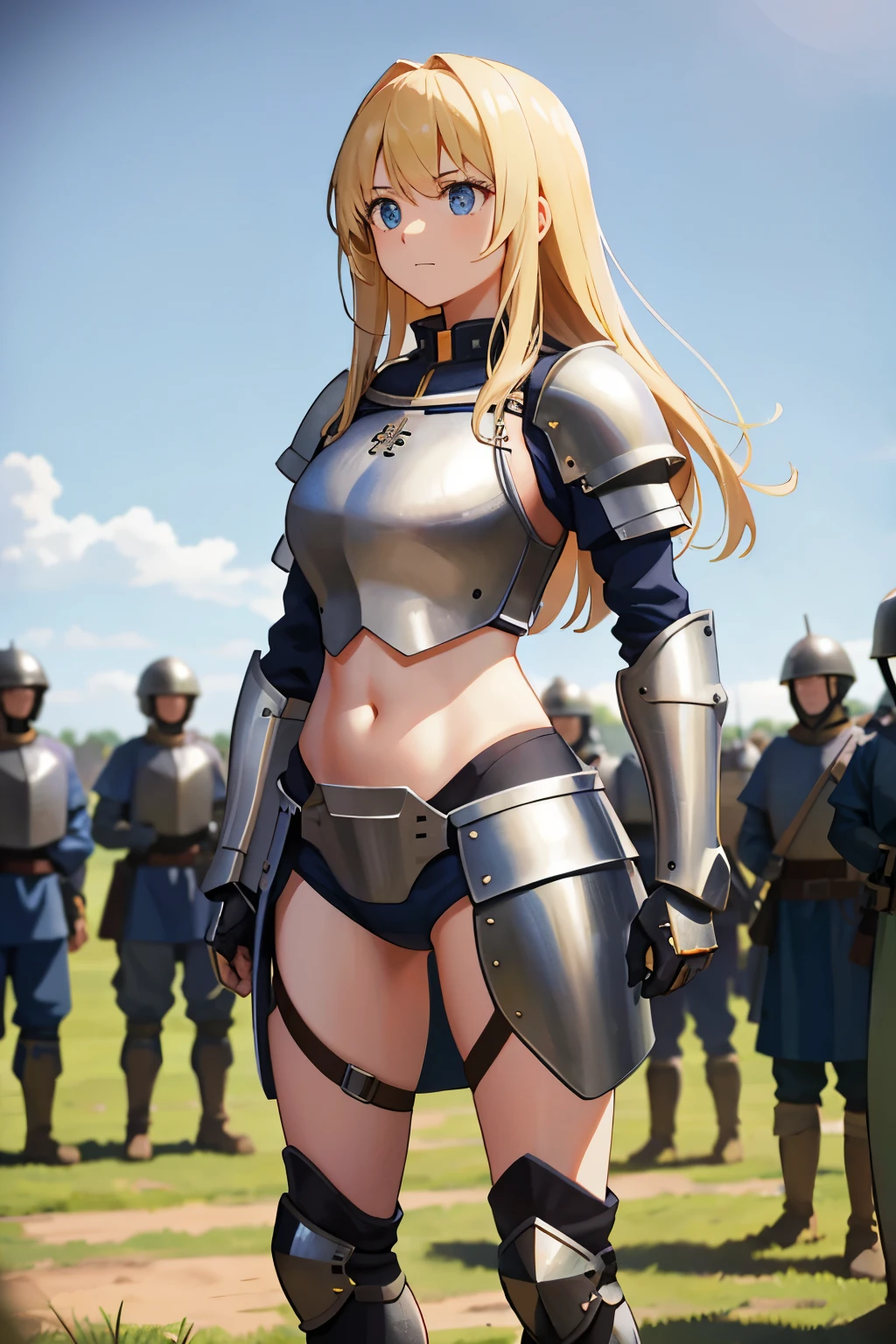 A girl in armor stands in front of a large group of soldiers.、Soldiers of the Middle Ages、girl with belly button exposed、Long blonde girl