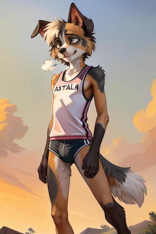 solo, ((Australian shepard)), male, slender, ((twink)), detailed, uploaded to e621, beautiful and detailed portrait of an anthropomorphic boy, short hair, kenket, uploaded to e621, digitigrade legs, very fluffy detailed fur, ((quivering motion lines)), fluffy tail, (detailed very thick black eye liner), pained expression, gritting teeth, visible breath, pubic hair, ribs and hip bones, (girls track uniform, tight bottoms, tanktop), sweaty, damp clothes, school track, small bulge, focus on rear