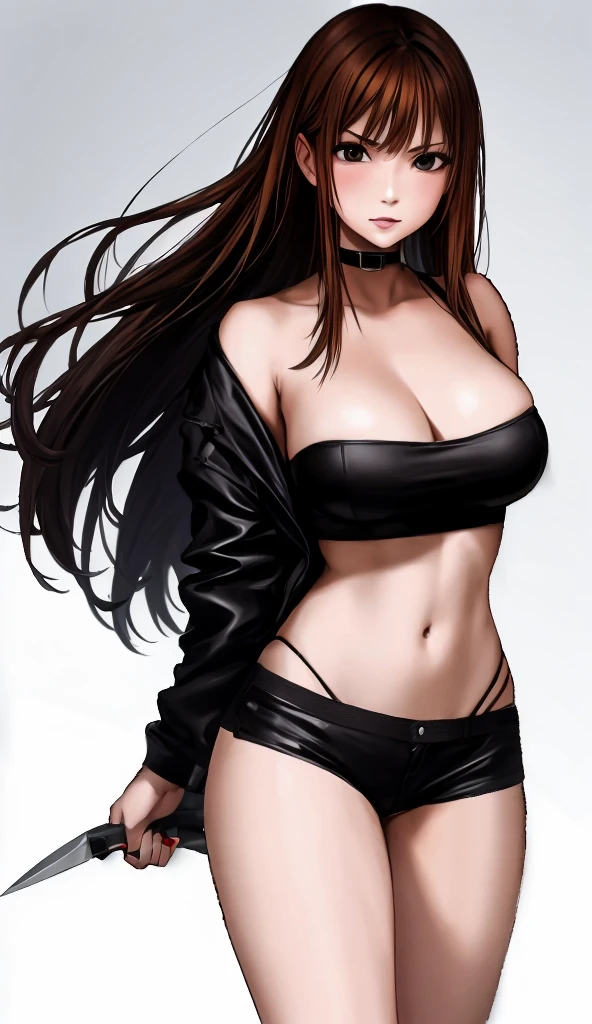 A beautiful woman with shoulder-length big breasts, beautiful legs, and a sharp face is standing with her mouth open, glaring at a middle-aged man in a suit, wearing a black tube top that exposes her navel and hot pants shaped like black panties. I have。supermarket。