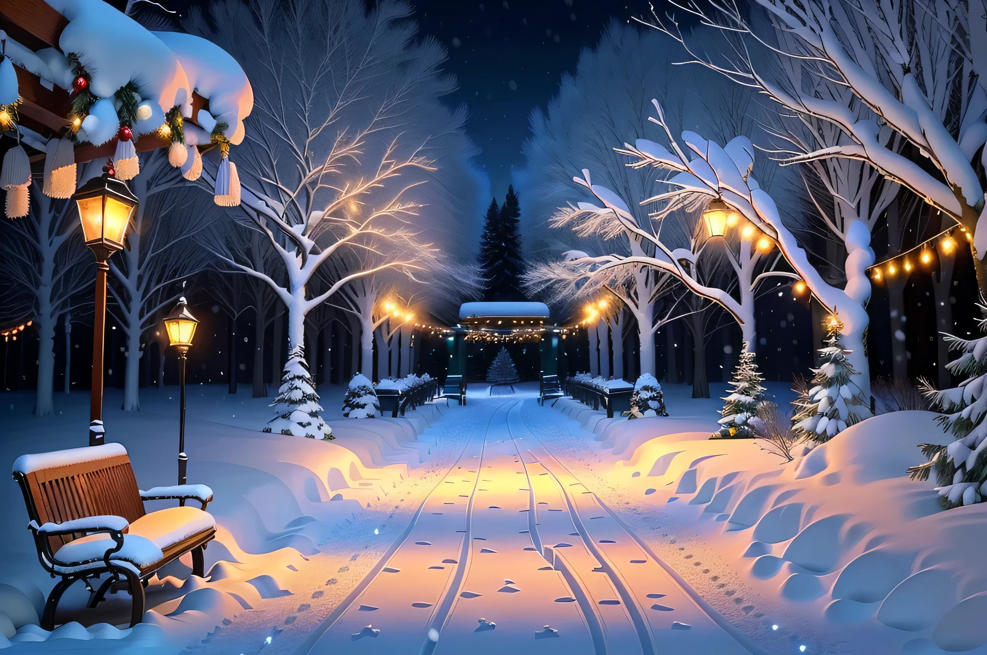 snowy path with benches and string lights in a park, snowy winter christmas night, light snowfall, cozy lights, winter setting, beautiful winter area, snowy night, snowfall at night, snowy winter scene, winter scene fantasy, winter wonderland, cosy enchanted scene, winter night, fairy lights, snowy winter, winter atmosphere, perfect lighting in a snow storm, glowing snow, cozy setting