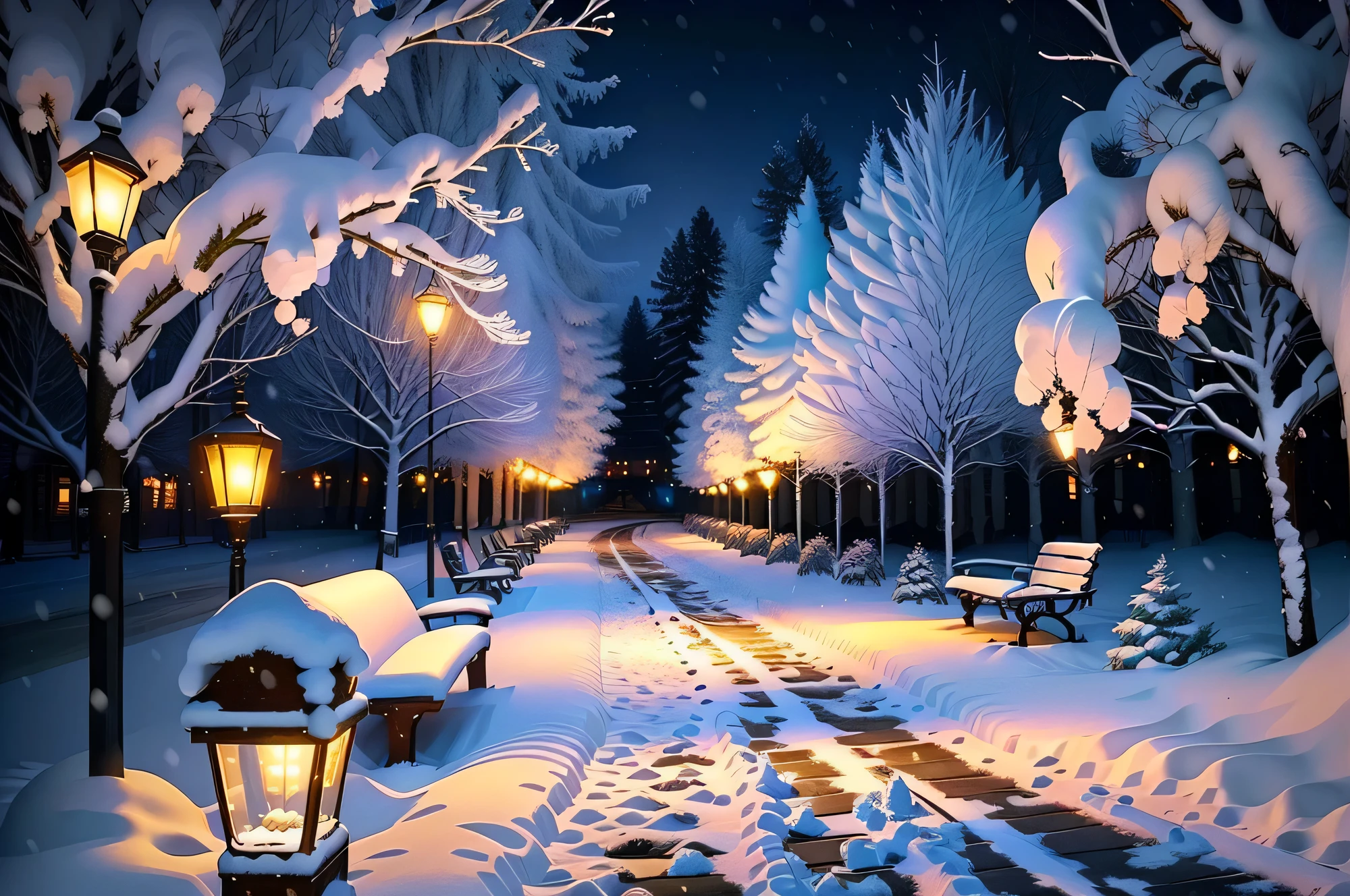 snowy path with benches and string lights in a park, snowy winter christmas night, light snowfall, cozy lights, winter setting, beautiful winter area, snowy night, snowfall at night, snowy winter scene, winter scene fantasy, winter wonderland, cosy enchanted scene, winter night, fairy lights, snowy winter, winter atmosphere, perfect lighting in a snow storm, glowing snow, cozy setting