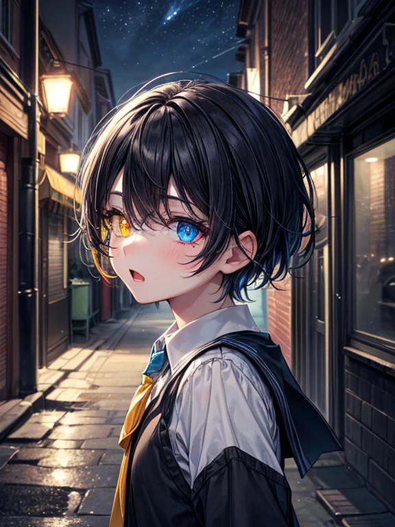 (masterpiece), best quality, high quality, dynamic light, 1boy, upper body, solo, school uniform, (blue tie), (heterochromia), (blue left eye, yellow right eye:1.1), shocked face, (glowing yellow eye), (hairstyle: straight), black hair, middle hair, (hair covers the eye:1.2), night sky, dark alley, horror, from side, side view