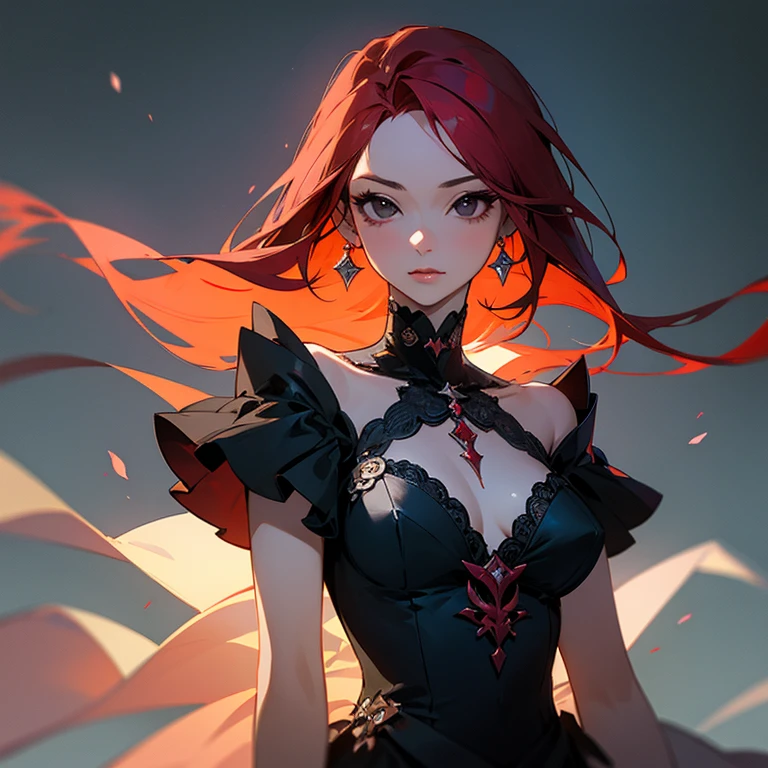anime, realistic, sketch, bold lines, mid body, fine details, intricately detailed, 1girl, red hair, black eyes glowing, closed lip, diamond earrings, shiny diamond parts, seductive facial expression, silk floral off-shoulder dress, Order, Black gradient background, Textured crop, Korean model, (masterpiece,best quality,niji style)