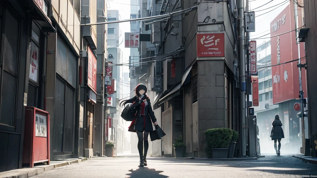 anime scene of a woman standing in front of a wall with a red light, official art, tokyo anime scene, anime still film anime shikishi, anime cgi style, l · lawliet, anime movie frame, tokyo ghoul, anime film still, anime still, ultra-detailed. anime, he traversing a shadowy city, in the anime film