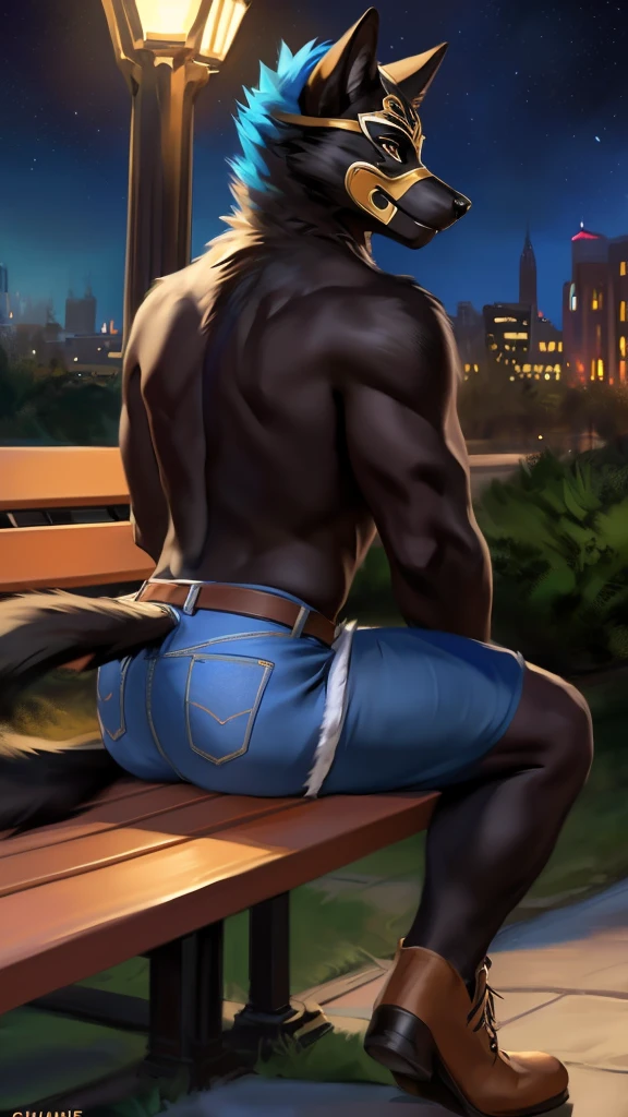 Solo, male, black wolf, short spike blue hair, wearing masquerade mask, naked, denim shorts pants, brown shoes, smirking, tail raised, presenting his butt, siting on a bench, at a public park, night, by chunie