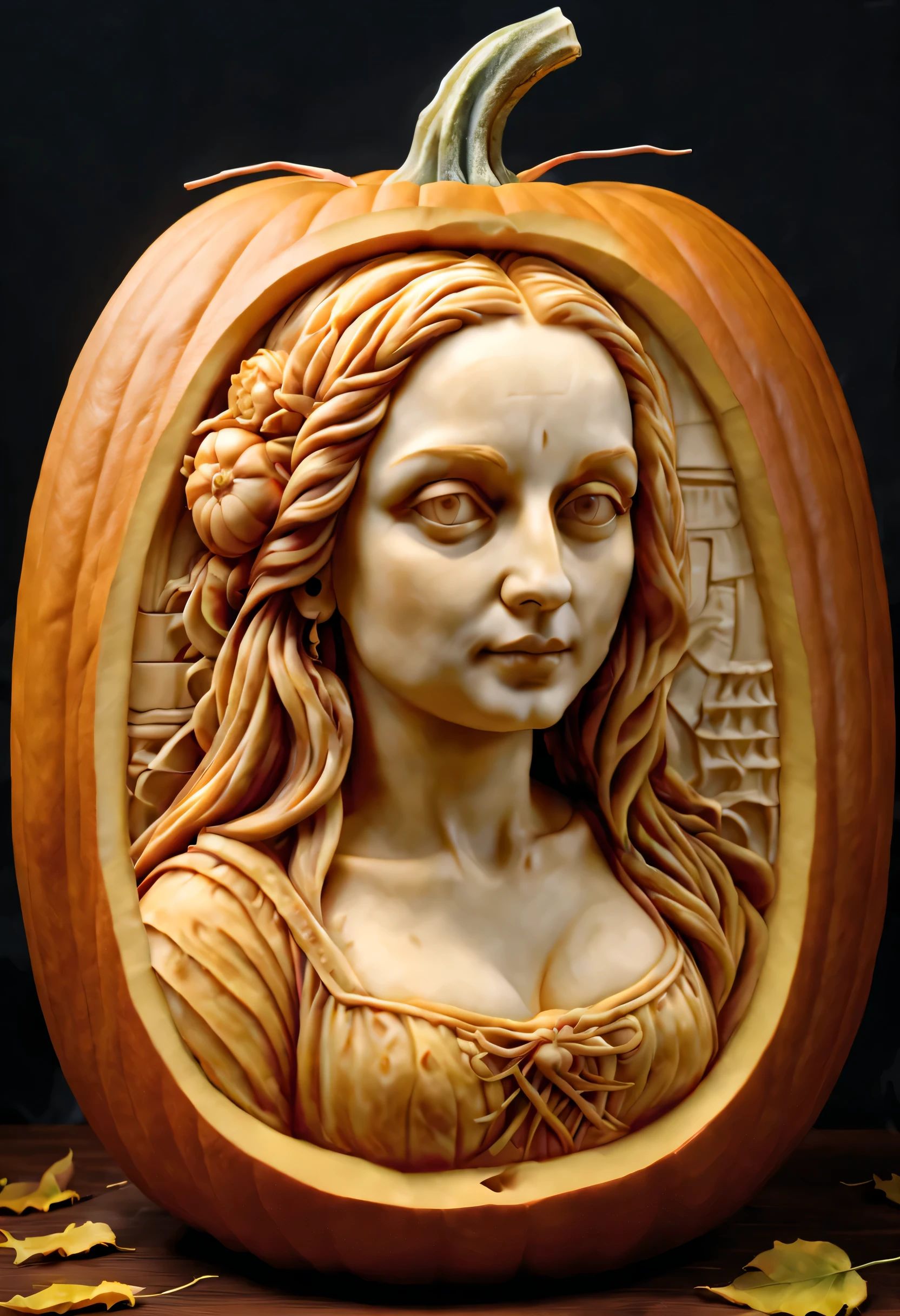 best quality, ultra-detailed, photorealistic,3D rendering, pumpkin carving, Leonardo Da Vinci drawing Monalisa carving