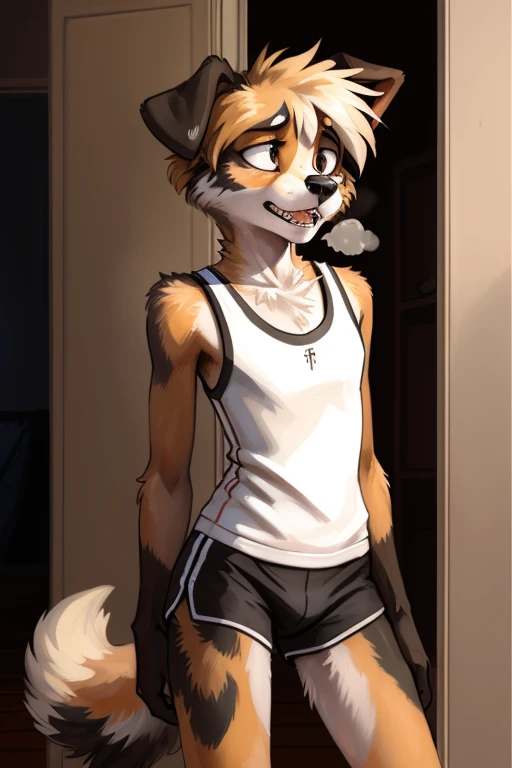 solo, ((Australian shepard)), male, slender, ((twink)), detailed, uploaded to e621, beautiful and detailed portrait of an anthropomorphic boy, short hair, kenket, uploaded to e621, digitigrade legs, very fluffy detailed fur, ((quivering motion lines)), fluffy tail, (detailed very thick black eye liner), pained expression, gritting teeth, visible breath, pubic hair, ribs and hip bones, (girls track uniform, tight bottoms, tanktop), sweaty, damp clothes, school track, small bulge, tease, pulling down shorts, fluffy hips showing, pubic hair 